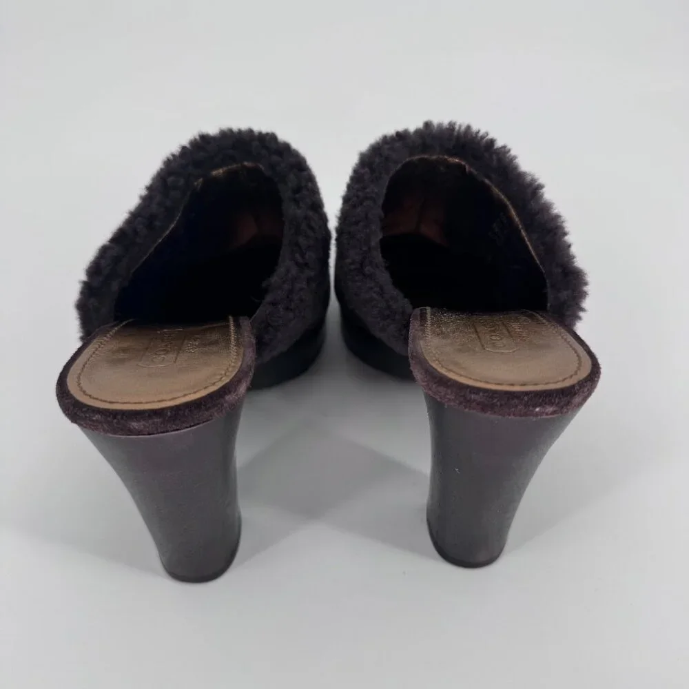 Coach Women’s 7 Brown Suede Shearling Idyle Wooden Heels Clogs Gold Buckle Mules